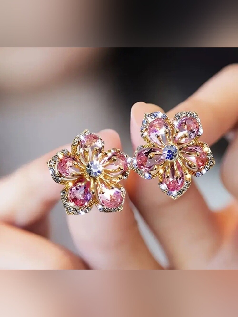 Gold-Plated Pink Flower Crystal Stud Earrings - Elegant Women's Jewelry - Picture 2 of 5
